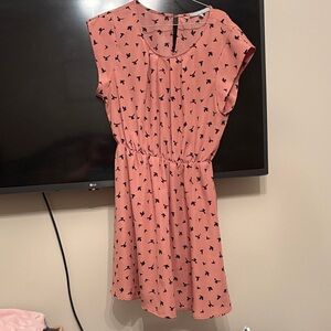Sweet Rain Pink Dress with Black Bird Pattern